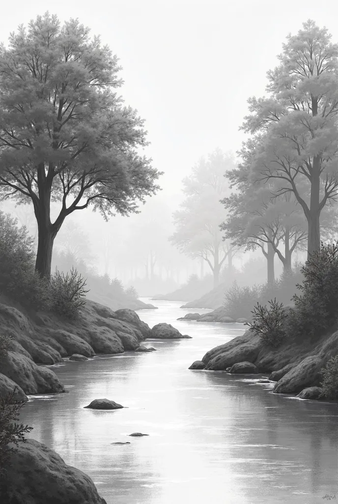 1 scenery in rivers and streams,  black white , easy to draw 