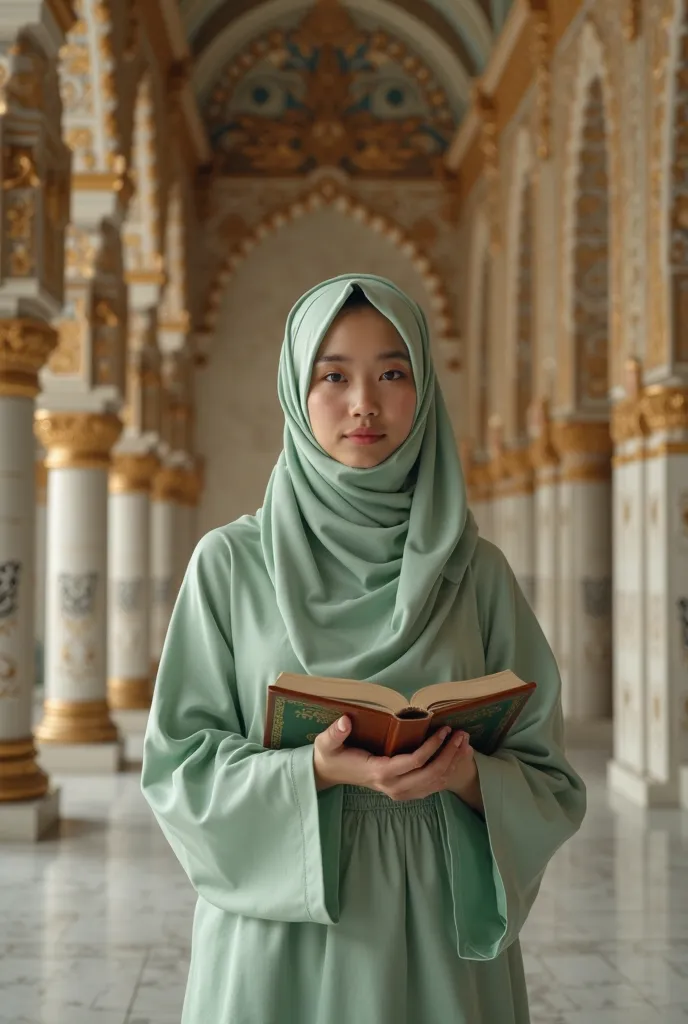 a beautiful Malaysian Muslim girl in her 20s, wearing a beautiful pastel green abaya, full hijab, walking inside the mosque, holding quran with a beautiful luxury mosque background.