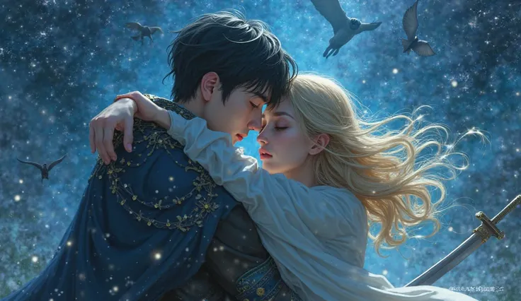  fantasy。Attacked by many flying demons、While hugging a beautiful blonde woman who cries and closes her eyes、A young man who never gives up and fights with a sword。Stars that shine like crystals at night。4K