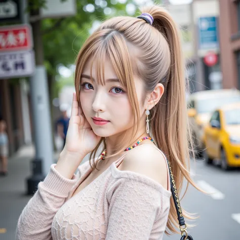 ((8K wallpaper)),((blonde hair)),((short ponytail)),((big breasts,Big Breasts)),(( beautiful Japanese girl)),((Intelligent Glasses)),((street corner background )),((colorful manicure for nails)),((earrings, necklaces)), ribbons, ((Beige lame wool dolman sl...