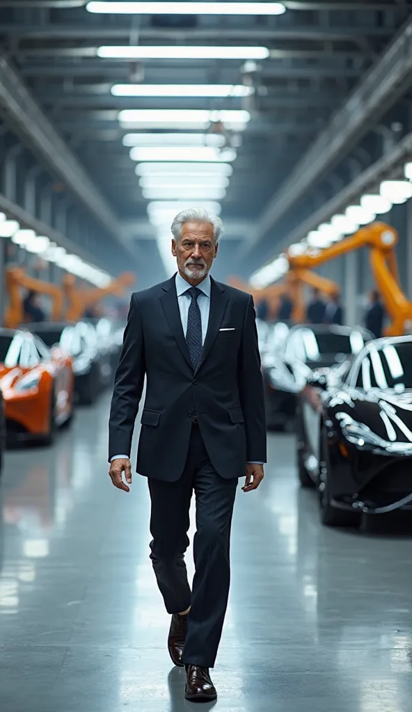  silver hair and a confident demeanor walks through a high-tech supercar factory. He is dressed in an elegant yet modern tailored suit, exuding authority and success. The background features a futuristic automotive production line with sleek, cutting-edge ...