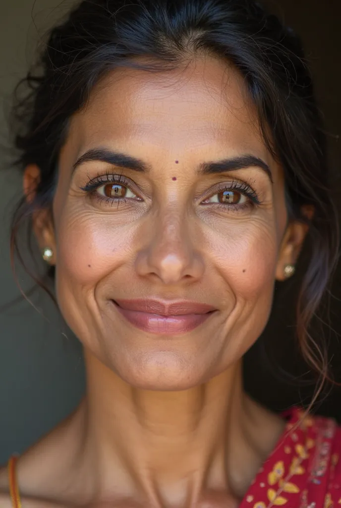 Create a close-up portrait of a confident woman in her 40s. She has a strong, self-assured expression with a slight smile, exuding wisdom and charisma. Her eyes are sharp and engaging, drawing the viewer in. Her skin has natural beauty with subtle lines th...