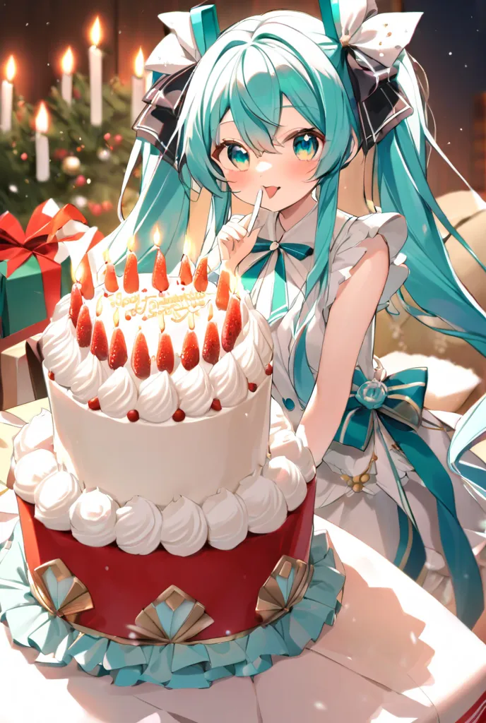 Hatsune Miku、I have a birthday cake、cute、39 candles、 celebration、 Paper blowing snow、luxury、side down、looking at camera、I'm licking whipped cream with my finger