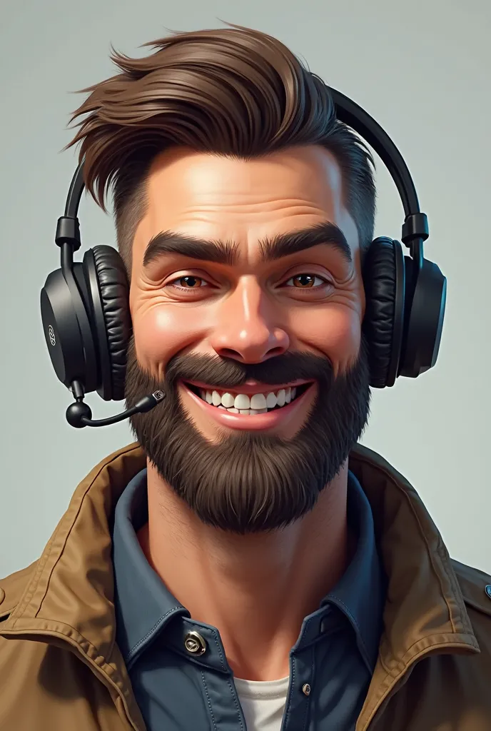 man with beard, slanted eye, athletic body design, smiling, with wide eyebrows, elongated nose, hair combed to the side using PC gamer headset,  hair
