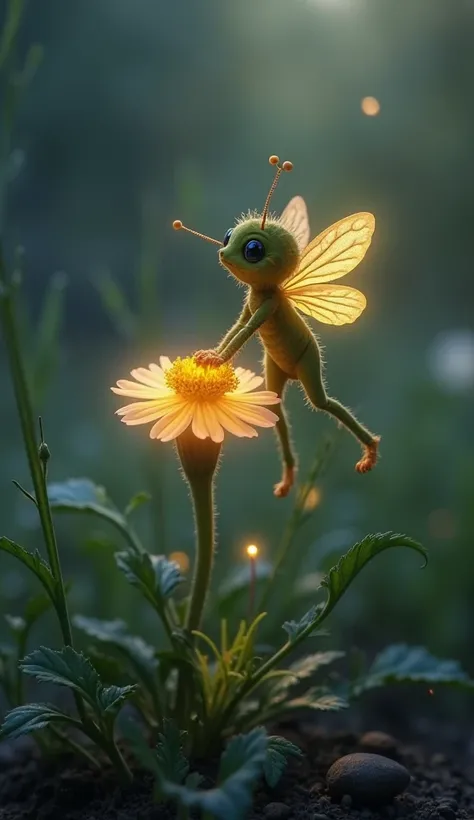 The world's smallest flower fairy,Stopped on a glowing flower,unquestionably adorable and charming.The photos accurately capture the subtle characteristics of realistic and miniature flower fairies.fantasy landscape、night