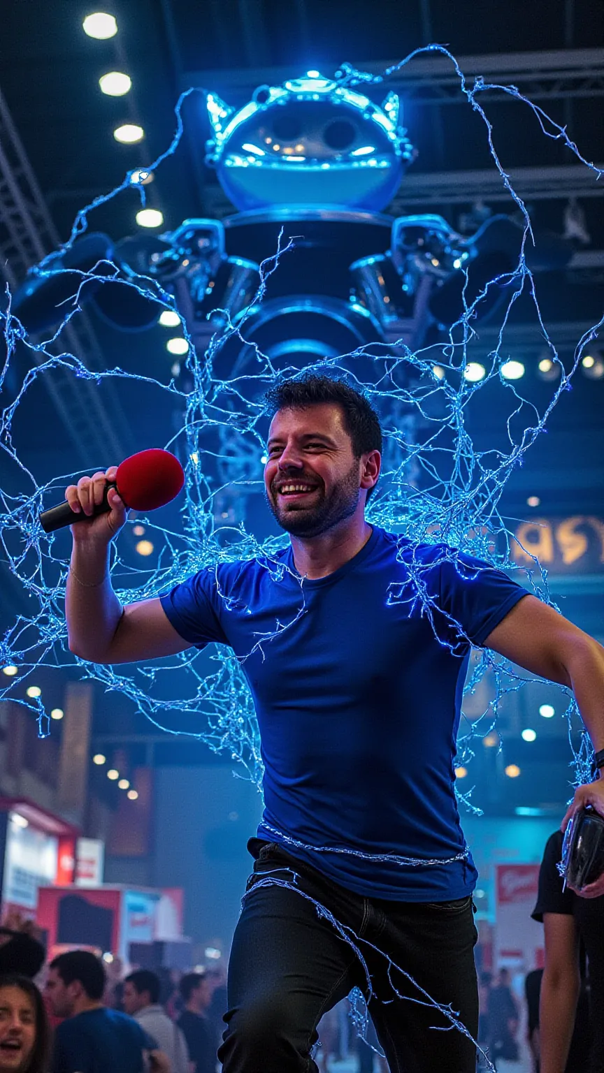 
“A handsome man holding a microphone with a red foam cover, struggling to escape from a web of tense fiber optic cables hanging from the ceiling. The cables emit a uniform, continuous blue glow and crackle with electricity, wrapping around his arms, torso...