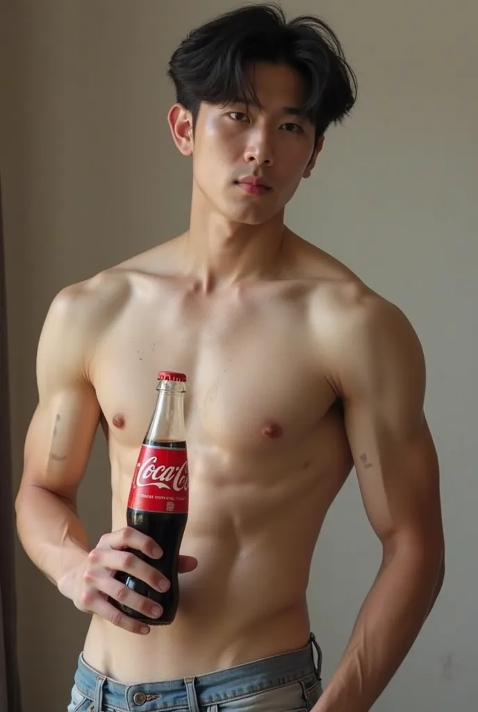 An image of a 17-year-old Korean boy, Very handsome who looks like a model with a skinny but marked physique. He was drinking a bottle of Coca-Cola and his belly got full and he seems to be pregnant. From so much Coca-Cola in his stomach, Let out a giant b...