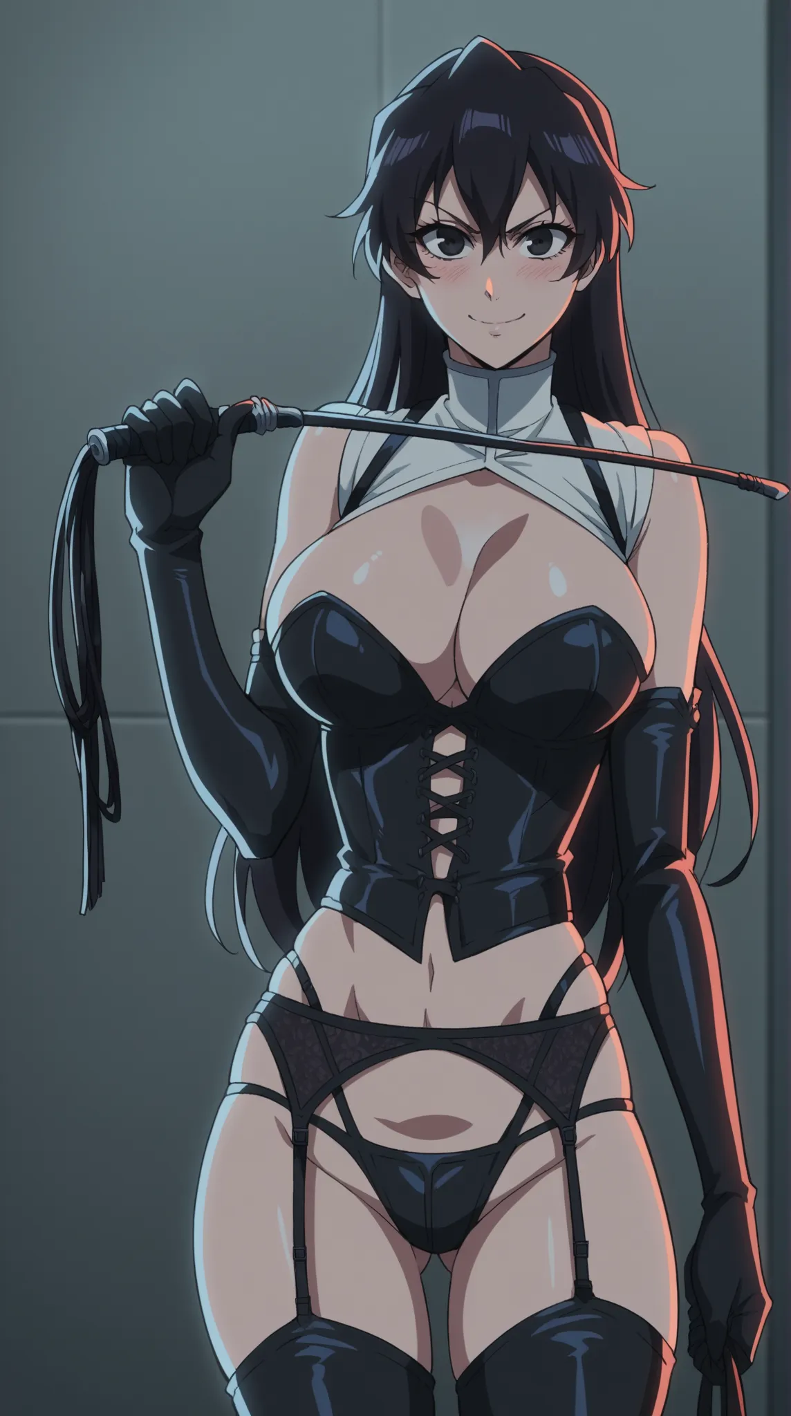 score_9, score_8_up, score_7_up, source_anime, bambietta basterbine, solo,long hair, black hair, black eyes, large breasts,dominatrix,black leather bra,black corset,thong,elbow gloves, thigh high boots,garter belt,blush, smile, indoors,prison,night,holding...