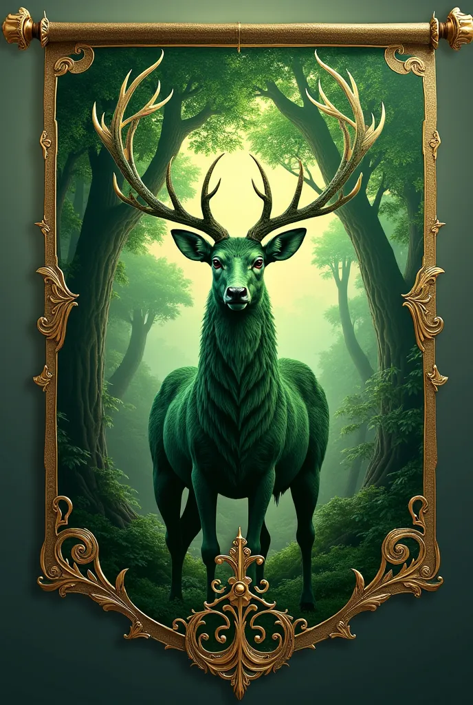 Fantasy flag, based on green deer and green tree, glorius, green and gold main color