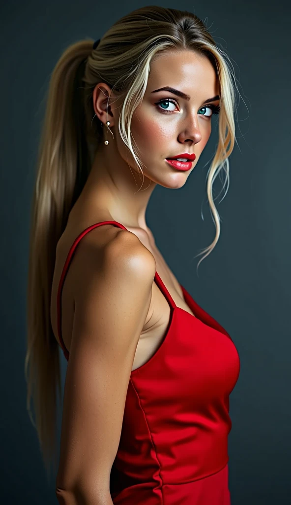  lifelike hyperrealistic professional portrait art photographie of a 20yo beautiful female , straight shiny long blond hair in ponytail, bright shiny eyes, in a red steam dress only steam