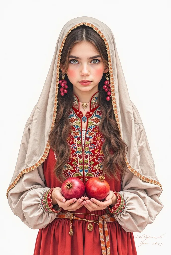 armenian traditional dress girl with veil, pomegranate in hands, grape in hands, armenian traditional dress with veil, armenian carpet, watercolor style, art, white background, watercolor, carpet, pomegranate, veil