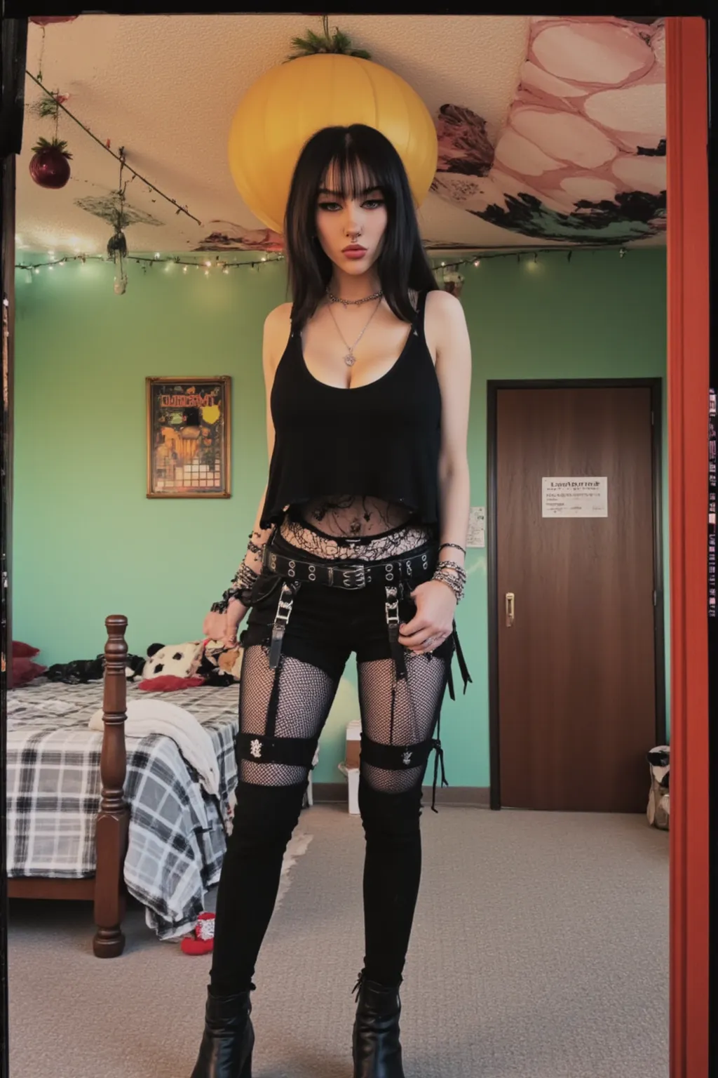 mggs2, ultra realistic, ultra detailed image, ultra quality,  mggs2, cinematic, ((full body shot)) ((gothic style)),  a beautiful  gothic sensual woman wearing a gothic outfit, looking at the camera in a sensual way, slight smirk, spiked bracelets, silver ...