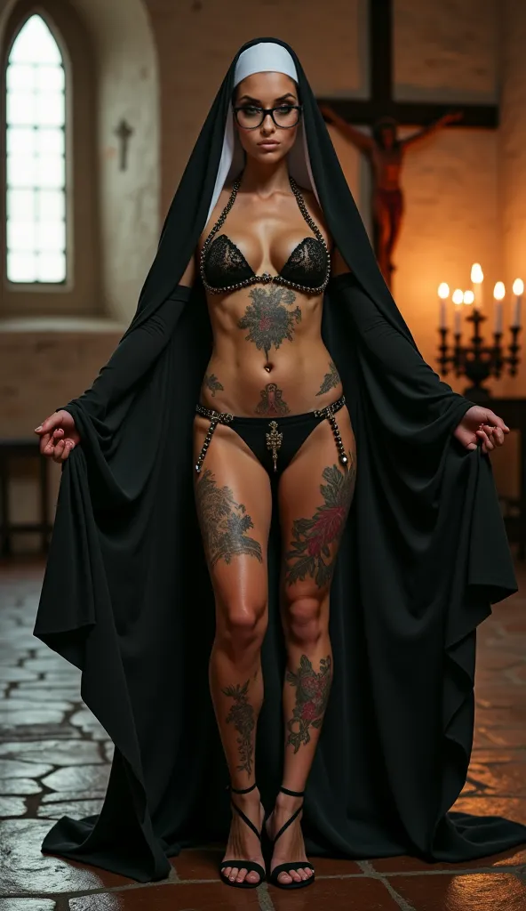 A provocative incredibly sexy and erotic Catholic nun, A mix of traditional nuns habit and sexy underwear, tattoos, Glasses,  In an old monastery, mit high heels, erotic poses, Cross, rosary, devotionalien. medieval dark monastery scenery. dark, Candles, g...