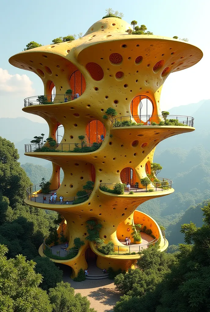 A house consisting of three honeycombs with terraces having a tree mushroom shape