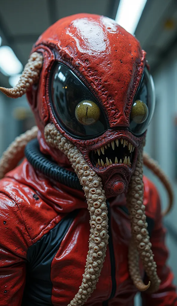 A terrifying alien impostor, its red spacesuit splitting open to reveal monstrous tentacles and razor-sharp fangs. Its many glowing eyes scan the spaceship corridors, hunting down unsuspecting crewmates. The once-simple visor now reflects its true grotesqu...