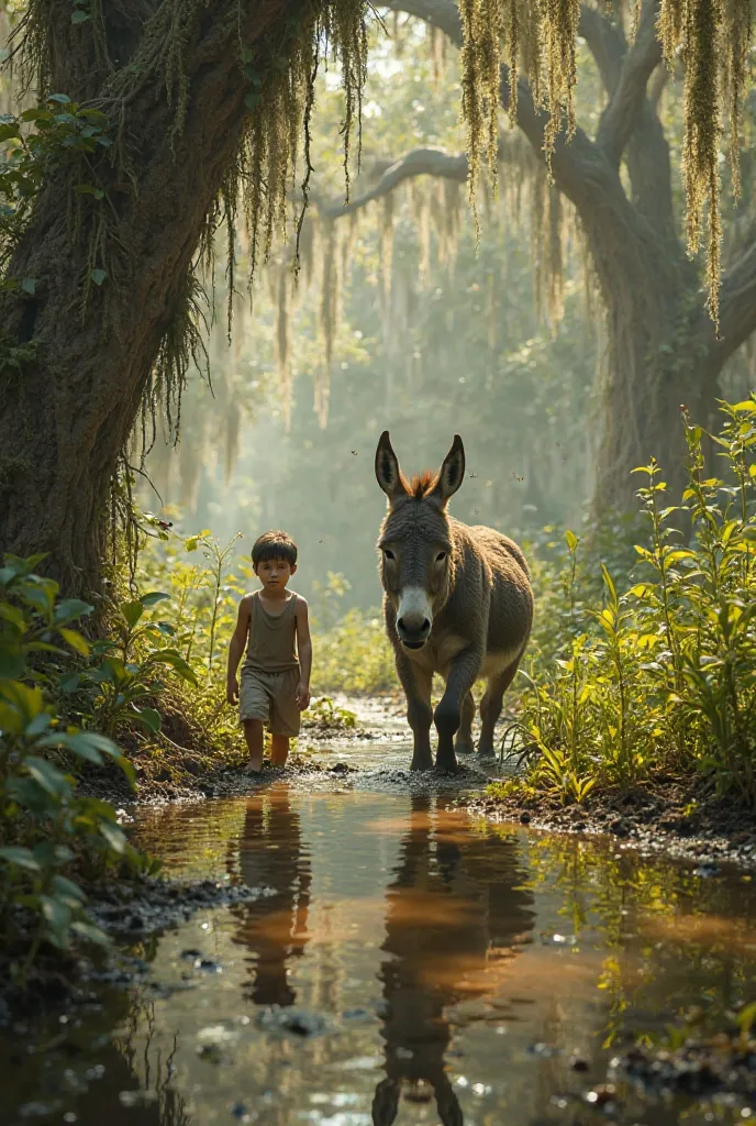 Create an image of Shrek the donkey and the boy walking in a swamp hunting for food for the donkey, this image has to be very detailed and realistic.