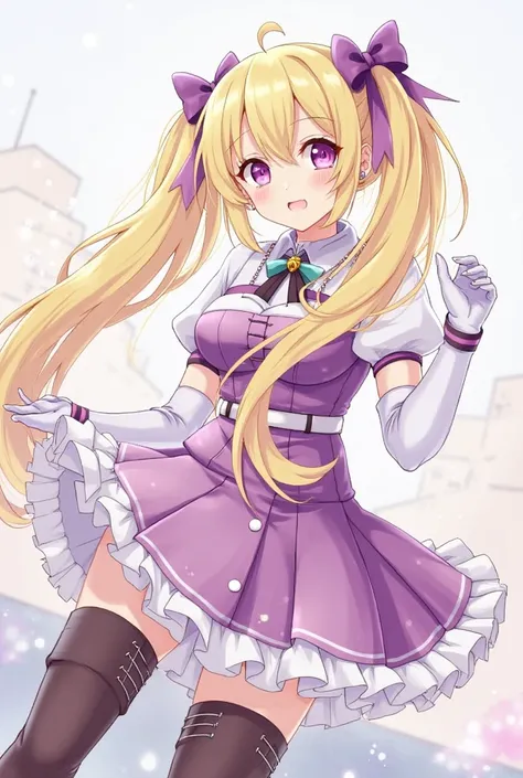 score_9, score_8_up, score_7_up, high resolution, masterpiece, high quality, best quality, very detailed, 1 girl, solo focus, elise, blonde hair, long hair, purple eyes, purple hair, pigtails, bow in hair, large E cup of size breasts, boots, bow, dress, ea...