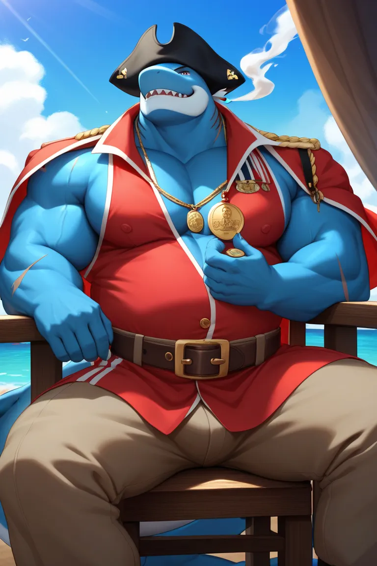 Mature male, anthro, only, musclegut:0.2, tall, (small waist), (biceps, thic arms), (thick jaw), (broad chin), (kemono ), (blue shark), blue skin, Killer in Gang , pirate costume, weapons on belt, smoking, skull medal, scars , Bad boy, I&#39;m on the beach...