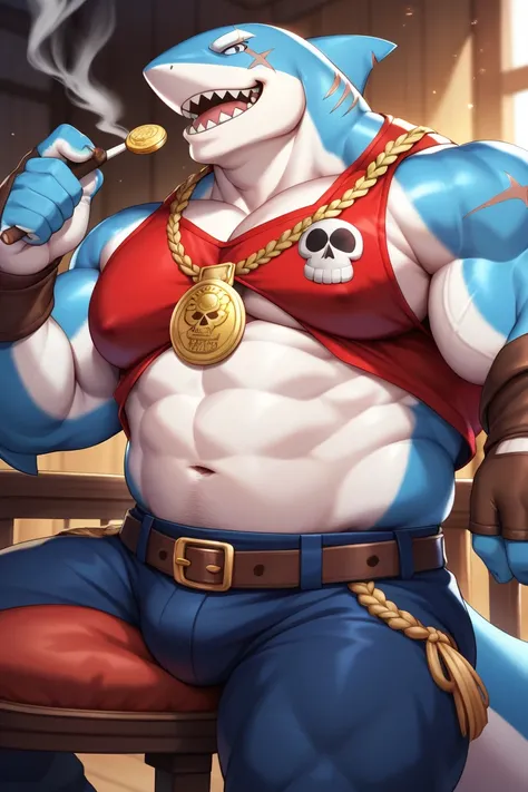 Mature male, anthro, only, musclegut:0.2, tall, (small waist), (biceps, thic arms), (thick jaw), (broad chin), (kemono ), (blue shark), blue skin, Killer in Gang , pirate costume, weapons on belt, smoking, skull medal, scars , Bad boy, I&#39;m on the beach...