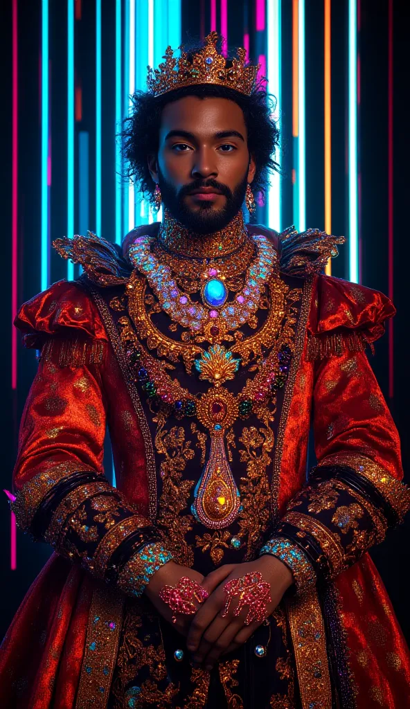 A regal figure in a luxurious Baroque outfit, illuminated by neon stripes of light and permeated with cybernetic elements. The ornate gold embroidery shimmers with holographic brilliance, and the rich velvet fabric is distorted by pixel highlights. The dra...