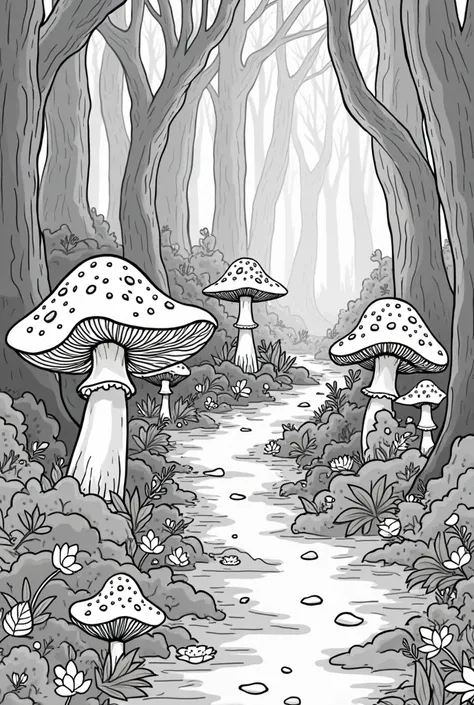 Create a flat art-style illustration of an enchanting magical forest, designed as a coloring page with clear, bold lines. The scene should balance intricate details with simplicity, making it suitable for coloring.

Foreground: A winding path lined with gl...