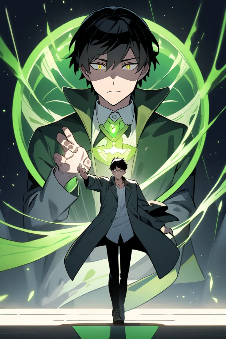 A young man with black hair is standing against the background of a huge dial wearing a green unbuttoned jacket over a white T-shirt. He has a cunning look and green eyes. He holds threads in his right hand, to which he is reduced a man in a gray coat over...