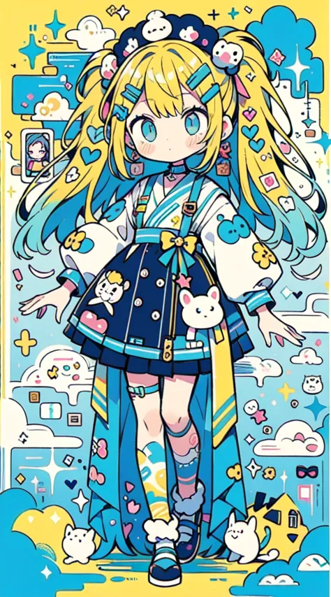 " cute, cute, ((full body lesbian、Dignified Photos)), cute女の子,   yellow,  and an adorable woman in a baby blue color scheme. She wears sky-themed clothes with cloud and sky motifs .   is fluffy and soft  , Decora accessories like hair clips. She embodies t...