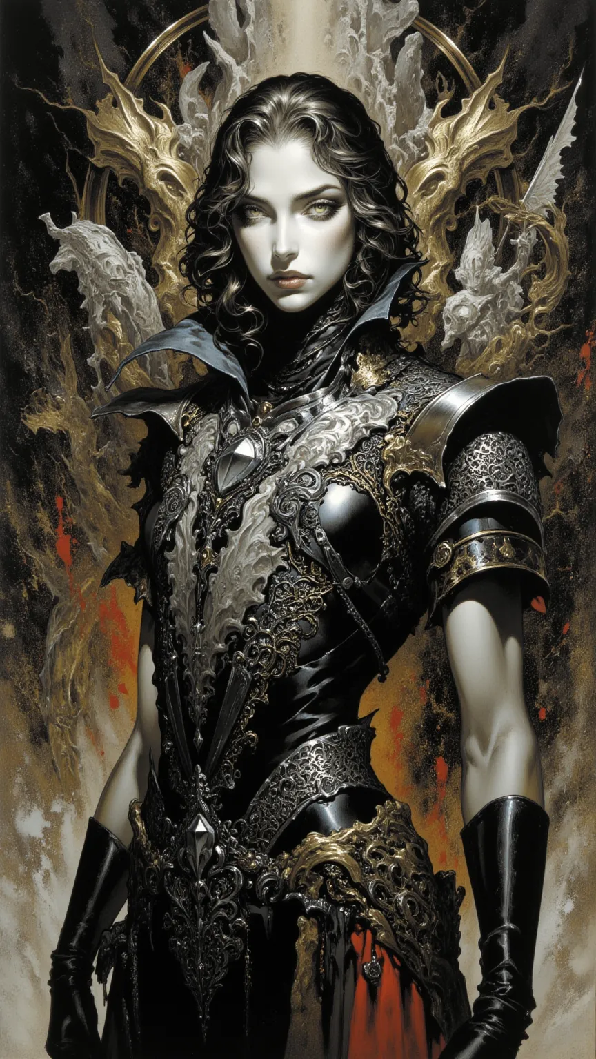 full body, A sexy and powerful female knight，With a mysterious temperament {Ten} Wayne Reynolds draws，with a highly detailed and dynamic style, 