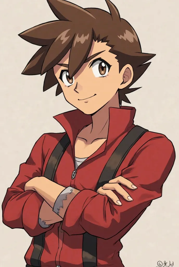 A young adult male trainer Pokemon, sin gorra, with light eyes , , a handsome brown hair with a defined face folded with his arms crossed with some confidence., his clothes resemble the legendary trainer red