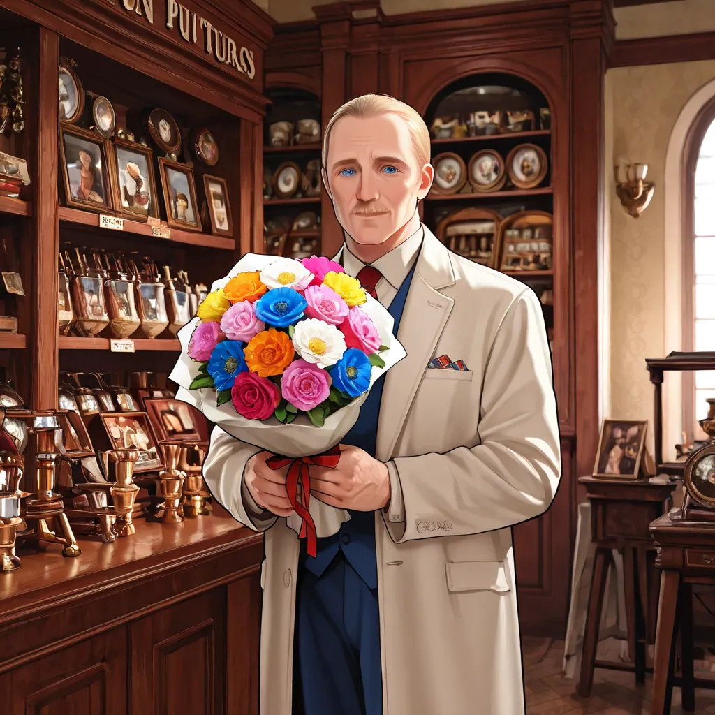 reportage photo of Vladimir Putin with a large bouquet of flowers in an antique shop among the antiques