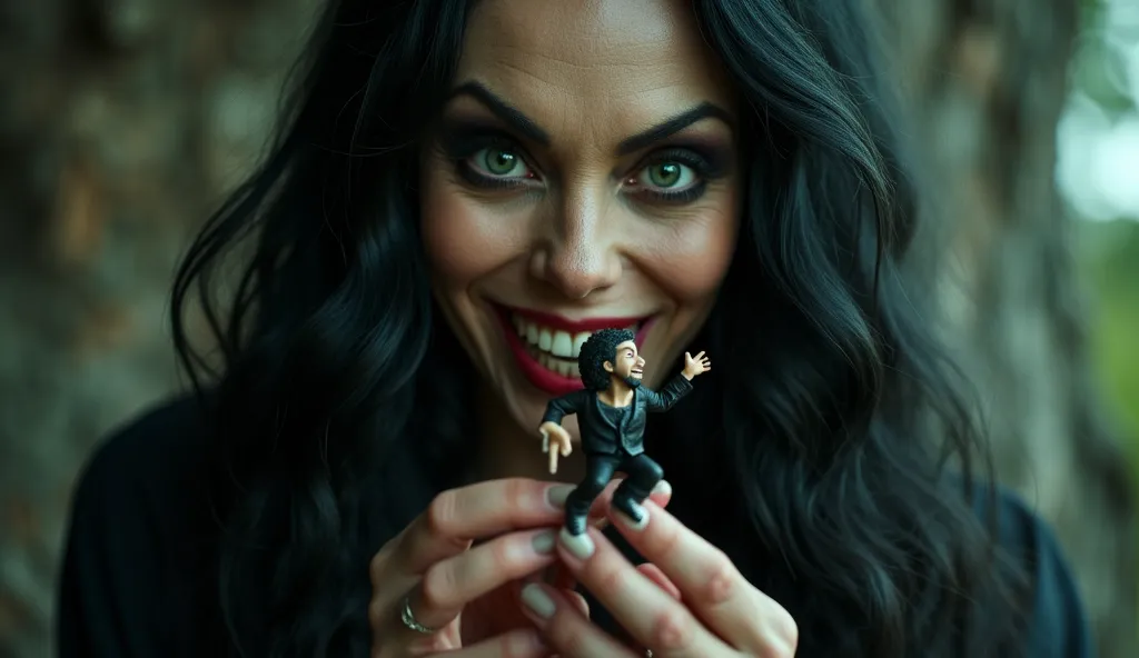 *A towering giant witch with silky black hair, emerald green eyes, and a mischievous smile leans in close, her face filling most of the frame with a playful smirk. Her pretty, sharp teeth glisten as she licks her lips. She holds the tiny man gently between...