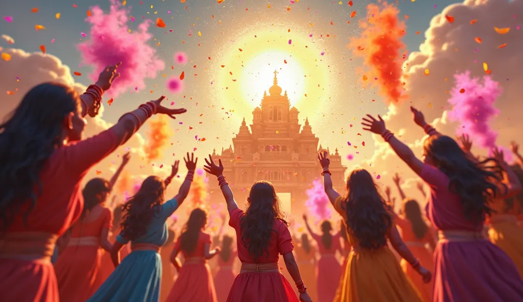 A cinematic 3D cartoon-style high-quality illustration of a grand Rang Panchami celebration. In the foreground, joyful devotees in traditional Indian attire throw vibrant gulal into the air, their faces glowing with divine joy. The colors swirl in a magica...