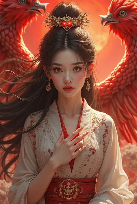 The artistic style of fantasy art and digital illustration, contemporary fantasy art and anime-inspired works, It features a blend of traditional Asian influences, such as clothing and mythical creatures (like the phoenix), dengan , vibrant color palette a...