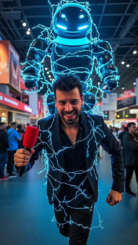 
“A handsome man holding a microphone with a red foam cover, struggling to escape from a web of tense fiber optic cables hanging from the ceiling. The cables emit a uniform, continuous blue glow and crackle with electricity, wrapping around his arms, torso...