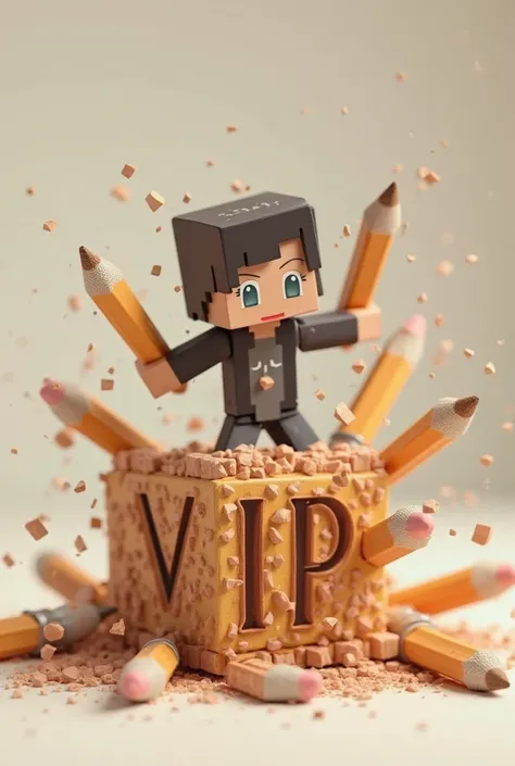 Can you make an image taken from Minecraft, this image would be a Minecraft doll breaking a block of pencils, This image has written "vip"