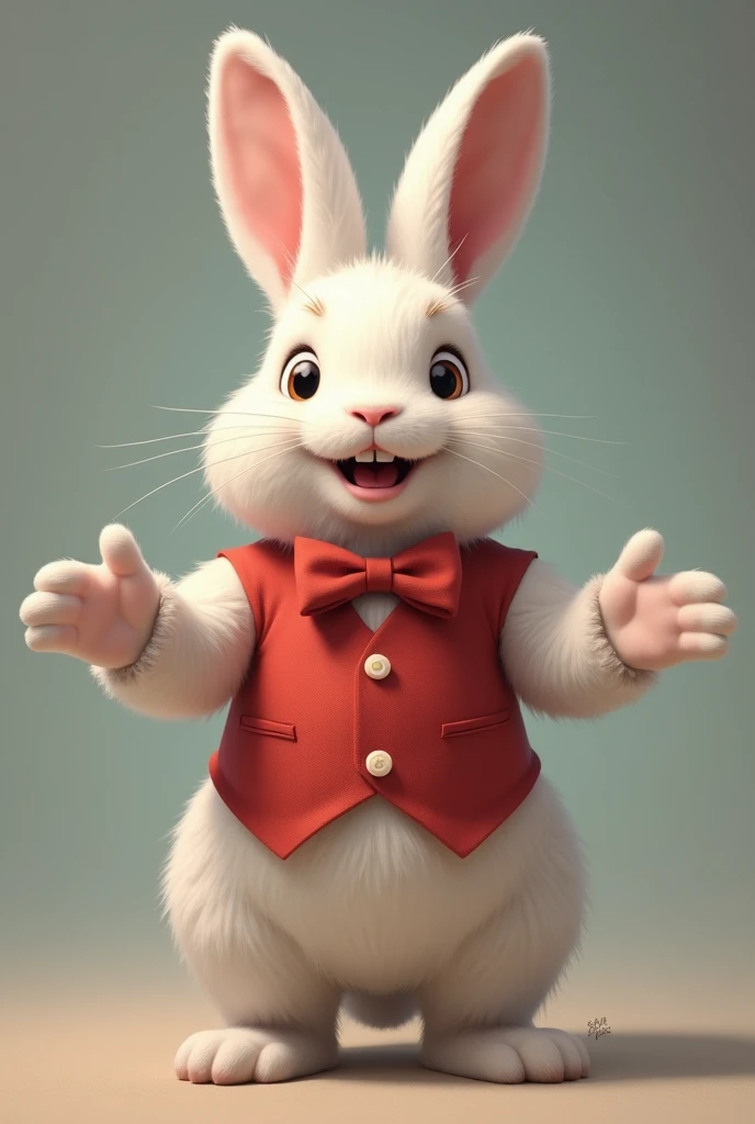 realistic portrait of Dressed animals - a (angora rabbit) performer,(Art by loish:1.2),,(cute),(happy smile:1.2), (elegant), (open arms:1.5), high quality,(lovely) ,(highly detailed Easter costume:1.5),classic red vest and bow tie, (happy), soft lighting,(...