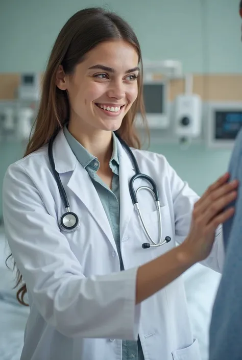 A 25-year-old female doctor wearing a white coat and a stethoscope around her neck. She is checking a patient in a hospital room, carefully listening to the patient's heartbeat with full sincerity. Medical equipment and a hospital bed are visible in the ba...