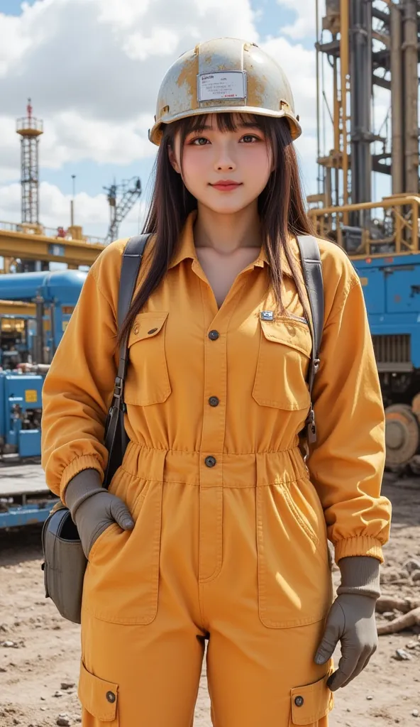 Strong female workers working at an oil mining site. I'm wearing work clothes that have some dirt and grease on them. bright orange or yellow flameproof workwear( jumpsuit )While wearing, traces of work remain everywhere while wearing. safety helmet.  I'm ...