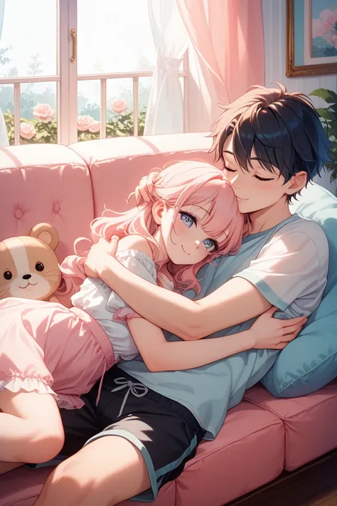 Draw an anime-style picture of a male and female couple in a cute light pink room