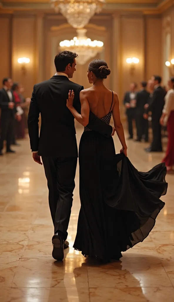 A couple moves across the polished marble floor of a private ballroom, the woman's flowing black gown trailing behind her. His grip on her waist is firm but smooth, leading her with quiet confidence. The music swirls around them, but they hear nothing—only...