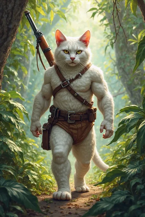 A muscular white cat walking confidently through a lush jungle, wearing a brown leather belt and shoulder strap with a pouch. The cat carries a rifle slung over its back and has a serious, determined expression. The background is dense with vibrant green f...