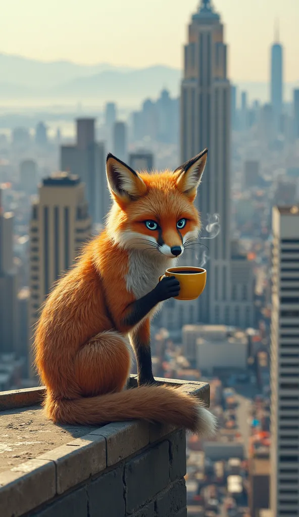 Fox over the City with cup Coffee, top down view