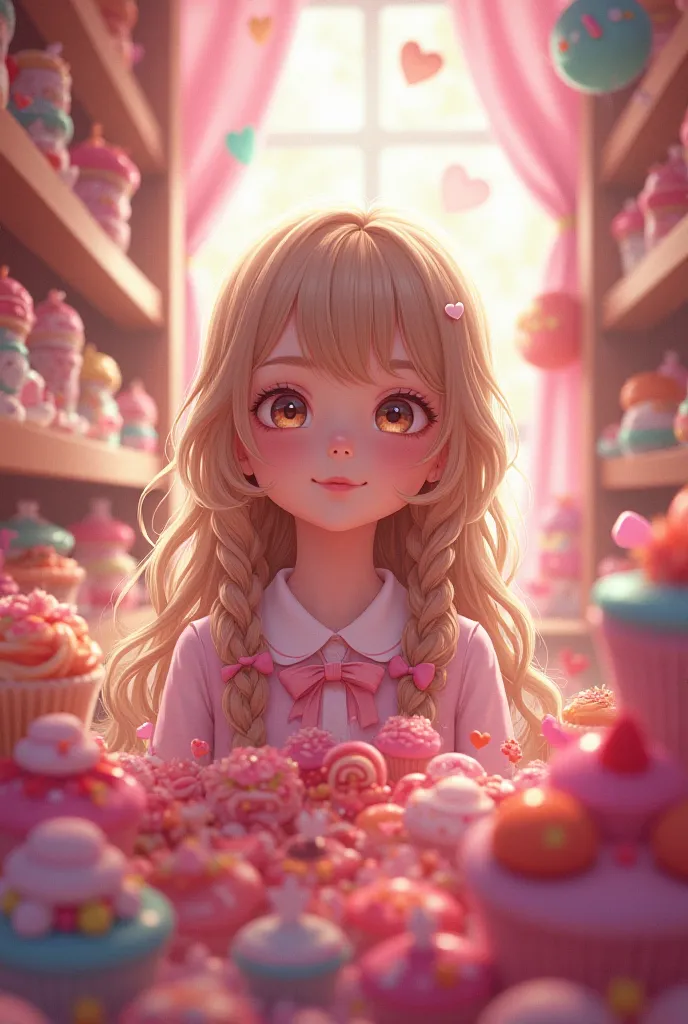 Girl in a candy store with long fluffy hair
side braids, Valentines
Shoujo manga
