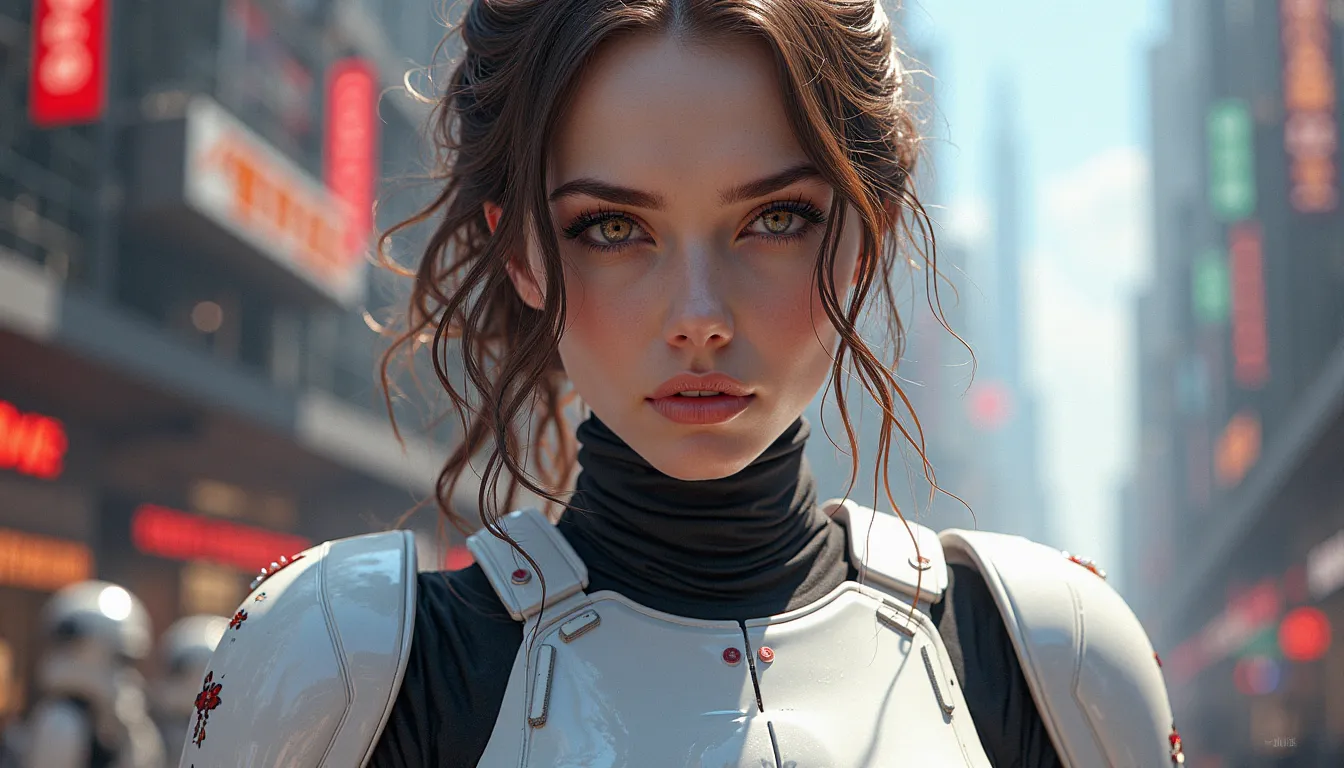 Portrait of a female Imperial stormtrooper with a city in the background, morena, hairlong, based on concept art by Magalie Villeneuve, trending on cg society, AB """Star Wars"": The Old Republic", influenced by Ralph McQuarrie's concept art. The stormtroo...