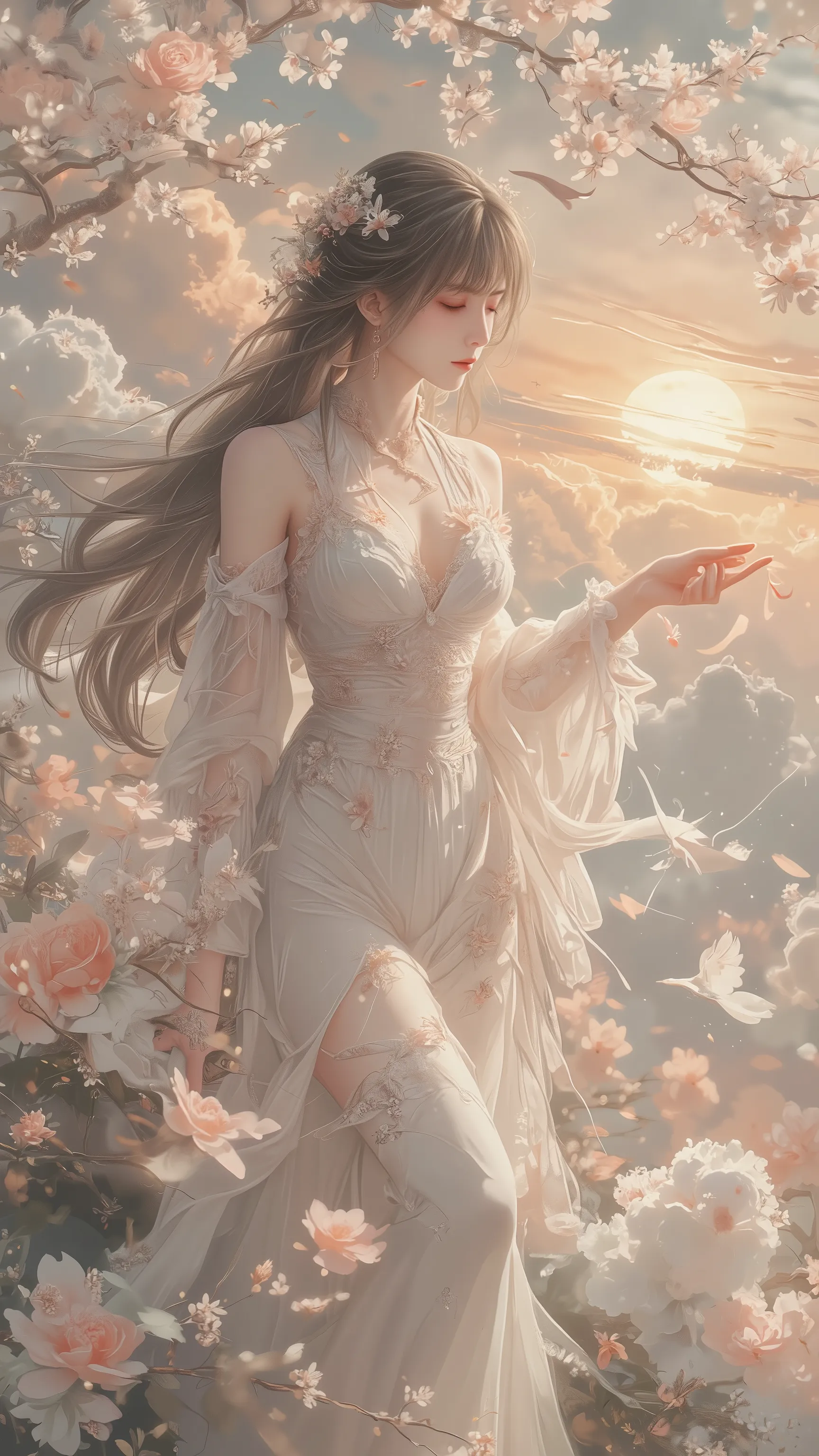 ((highest quality)),( Ultra High Resolution ),(very well detailed),( detailed description),(( best CG )),(masterpiece), Ultra Detailed Art ,AMAZING PAINTING ART,(Art with Delicate Details:1.5),  woman:1.5, beautiful well-groomed face:1.5,  Storm of Flowers...