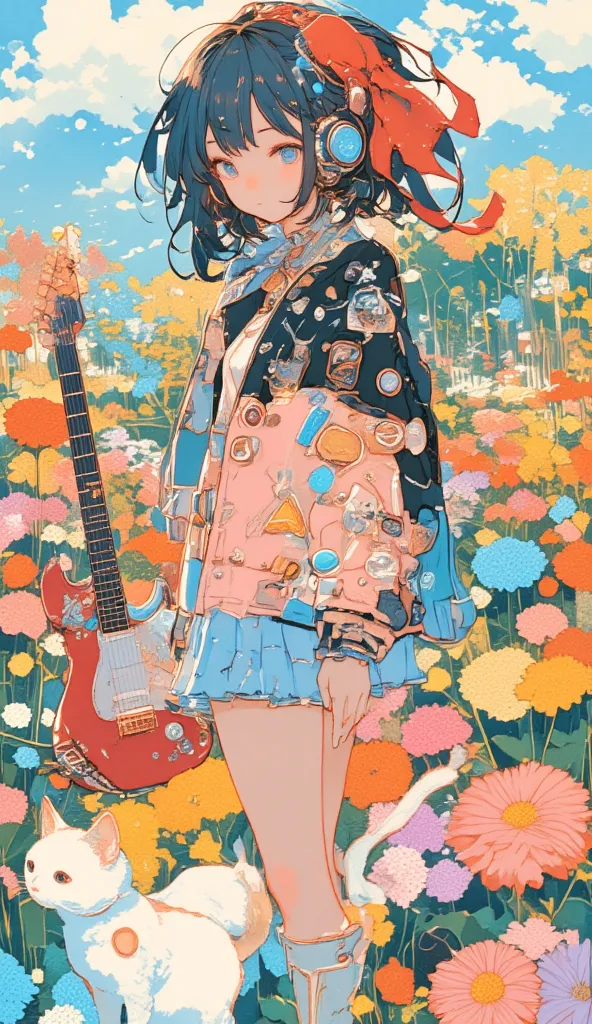 top quality,  masterpiece,   very accurate,   High Resolution,    beautiful 8K computer graphic art,   blue eyes， black hair， shoulder length，has a very large red ribbon on the head，headphones   ，pale pink and black two-tone jacket，A lot of can badges are ...