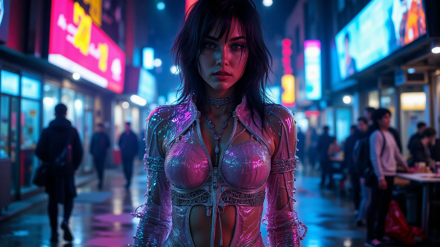 Cyberpunk, woman, brightly colored clothing shiny clothing, cyberpunk  with neon light display in background, transparent clothing with underwear visible underneath, not safe for work,