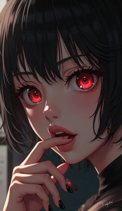 Create an anime girl for me in HD,  Ahmar Khyla, Black hair,  red eyes,  short hair,  lip licking, red lips, He was afraid, 