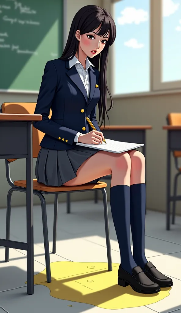 navy blue blazer with gold buttons on a white shirt, red ribbon on the chest,Gray pleated skirt that seeps out of water,navy blue high socks,Black school loafers,black hair long hair,Neat Lady ,beauties,Get urinary incontinence while sitting on a classroom...