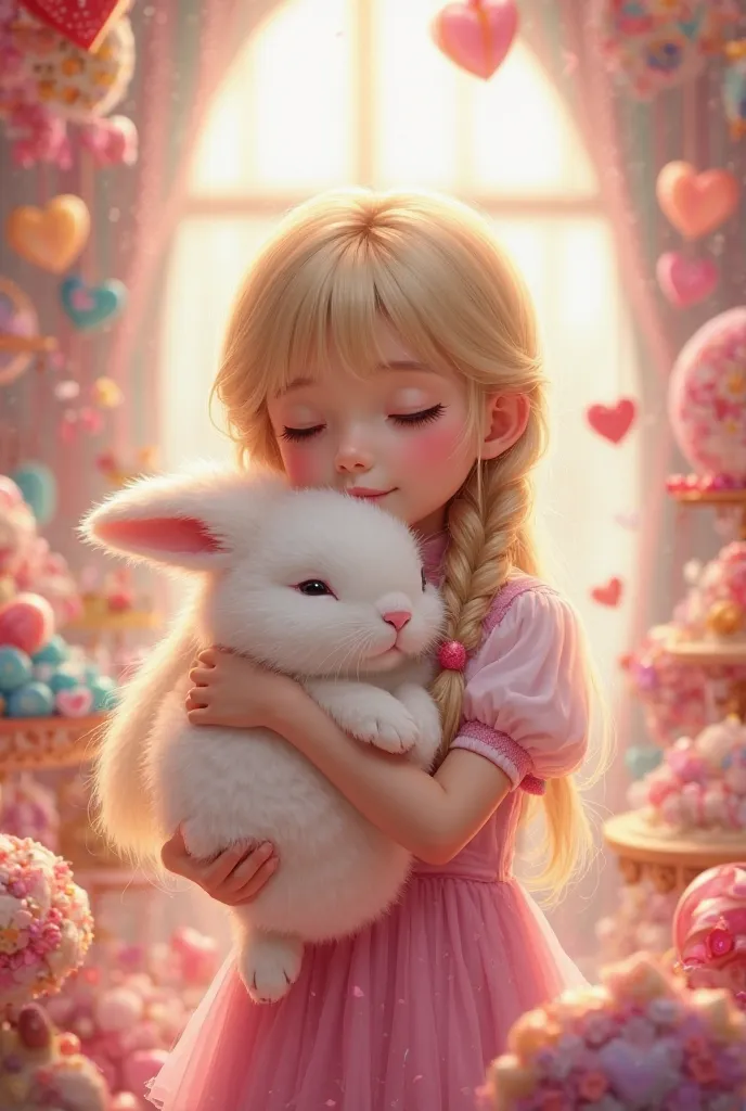 Girl in a candy store with long fluffy hair
side braids, Valentines
Girl with beige hair holding a rabbit fluffy and closing her eyes
